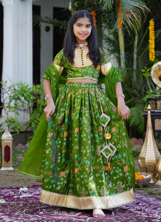 Floral Green & Gold Ethnic Lehenga Choli Set with Dupatta