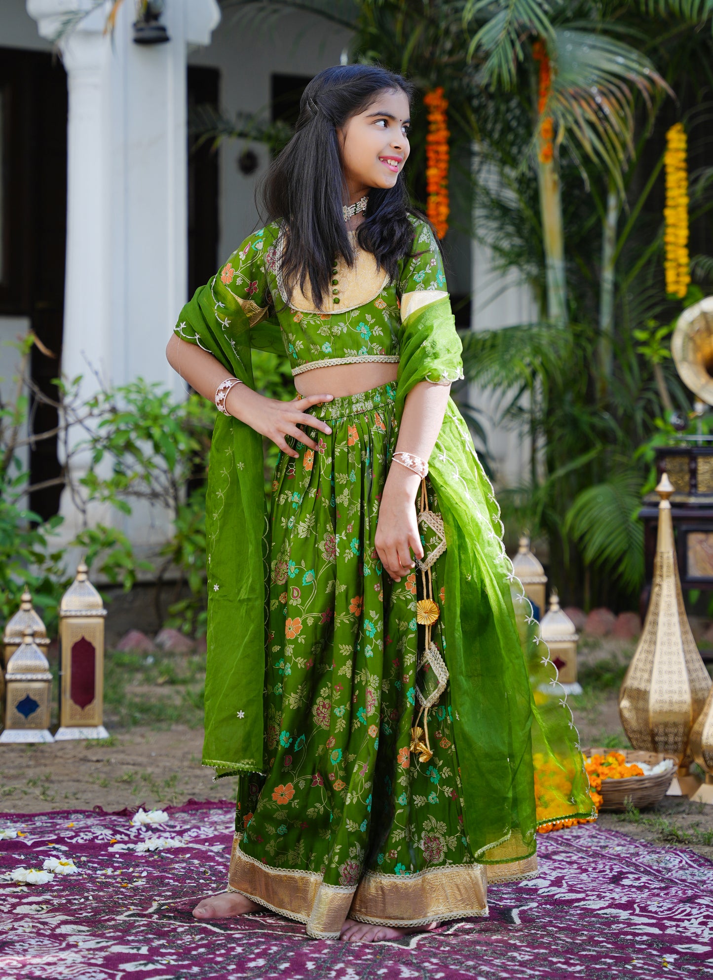 Floral Green & Gold Ethnic Lehenga Choli Set with Dupatta