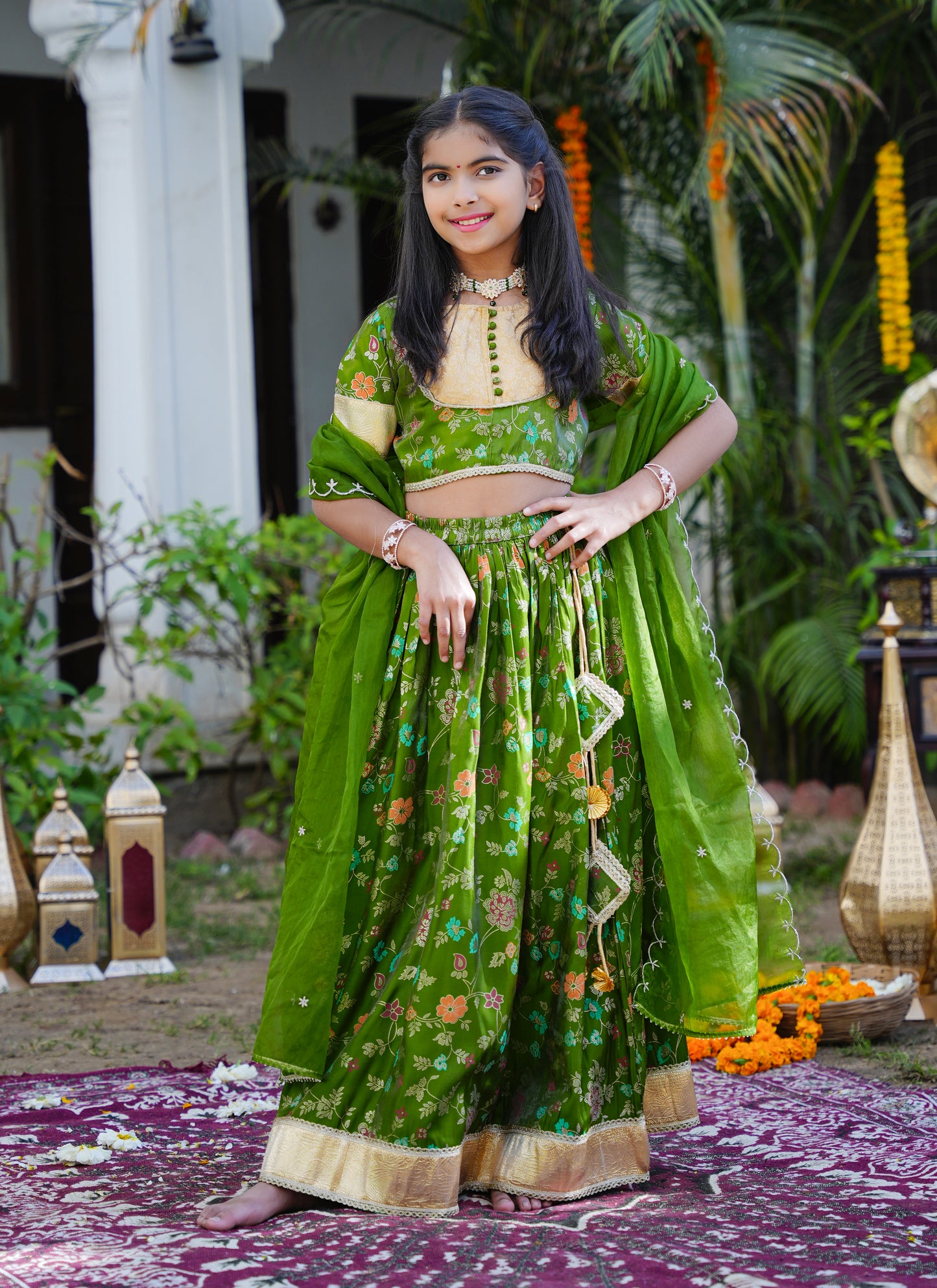 Floral Green & Gold Ethnic Lehenga Choli Set with Dupatta
