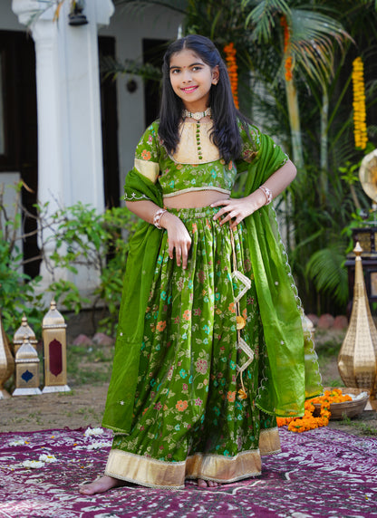 Floral Green & Gold Ethnic Lehenga Choli Set with Dupatta