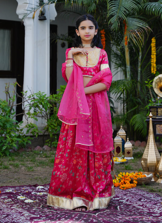 Floral Pink & Gold Ethnic Lehenga Choli Set with Dupatta