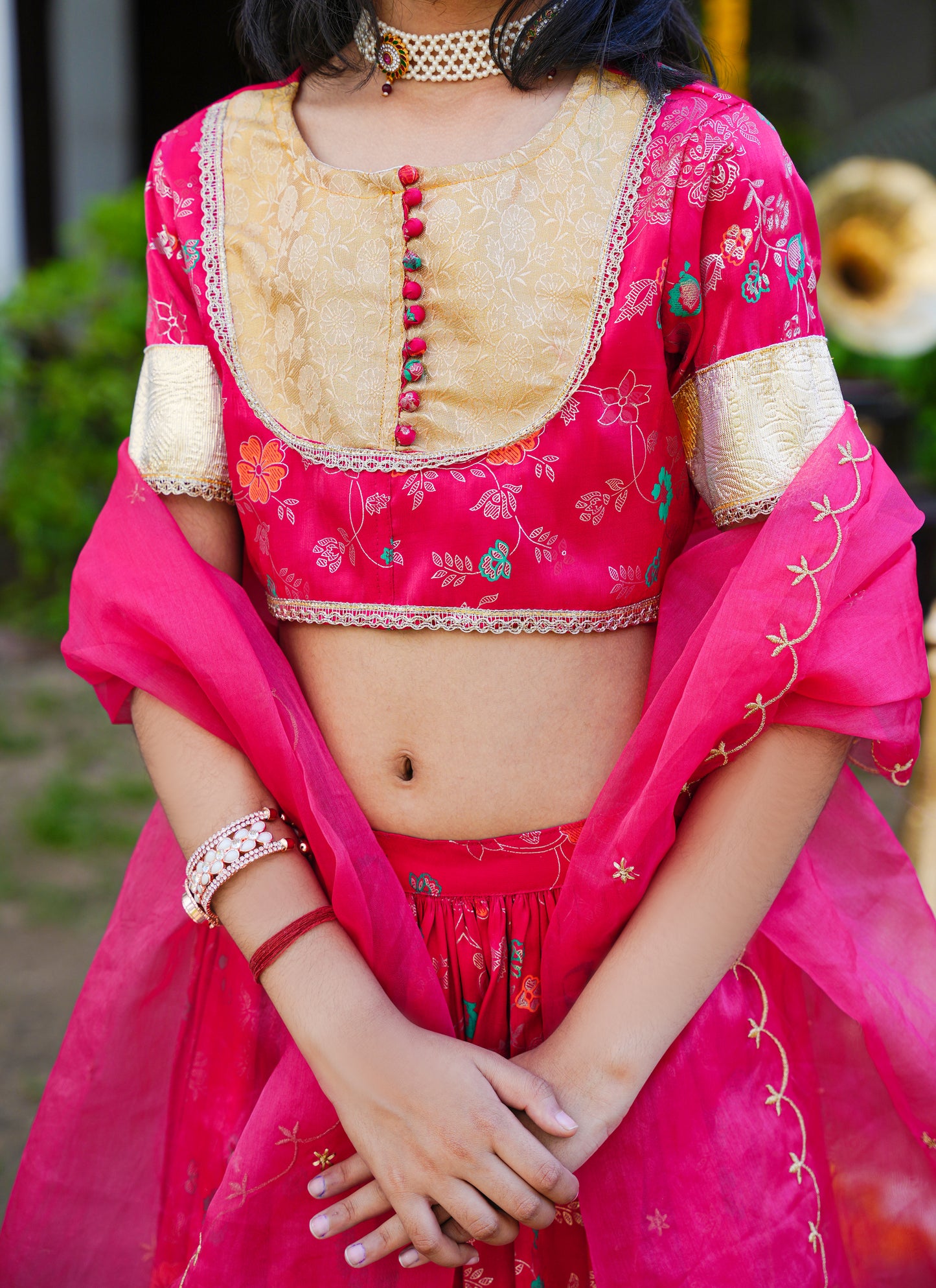 Floral Pink & Gold Ethnic Lehenga Choli Set with Dupatta