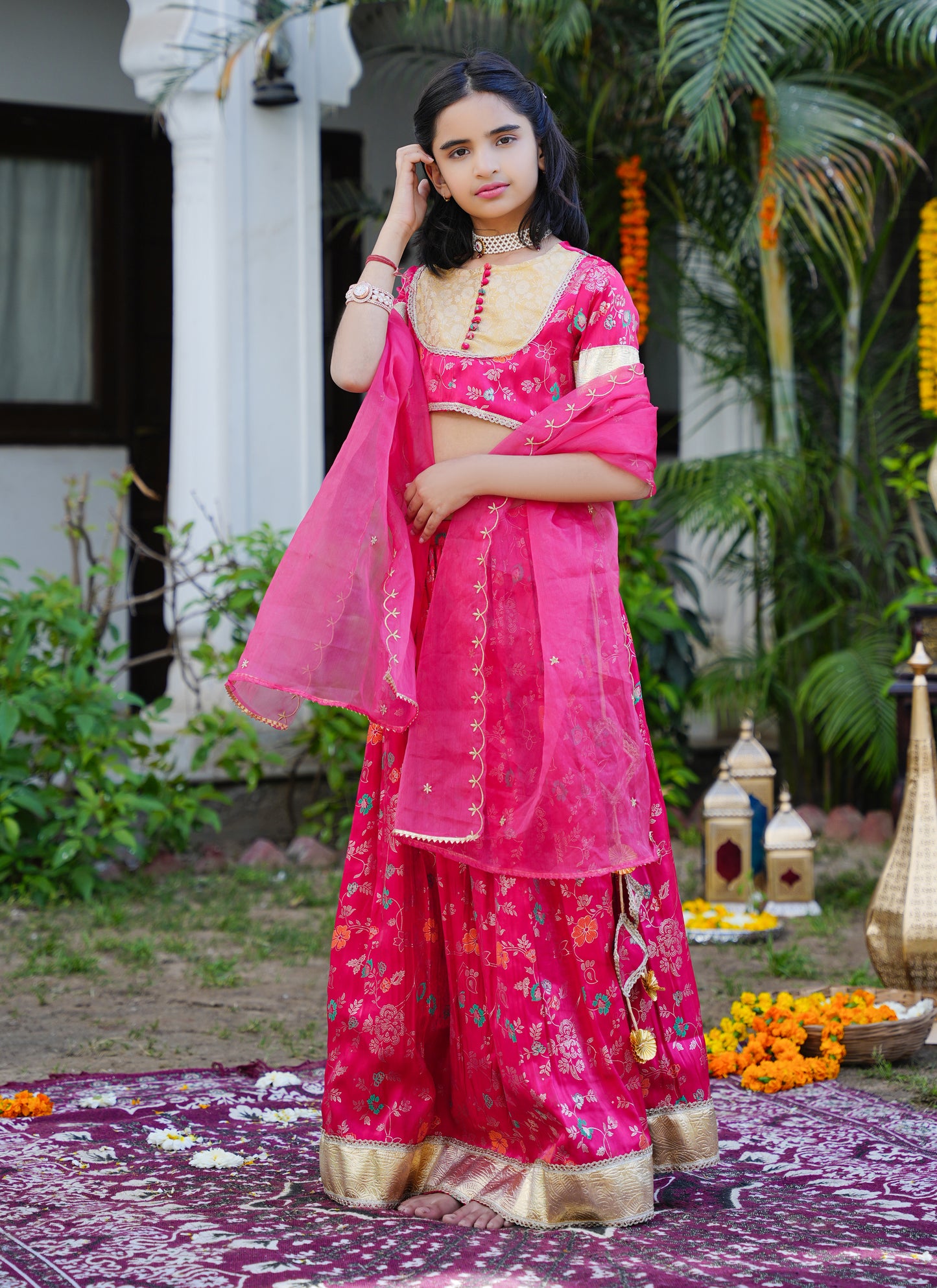 Floral Pink & Gold Ethnic Lehenga Choli Set with Dupatta