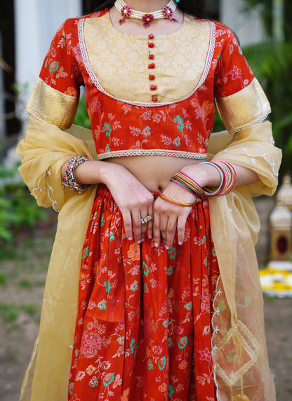 Floral Rust & Gold Ethnic Lehenga Choli Set with Dupatta