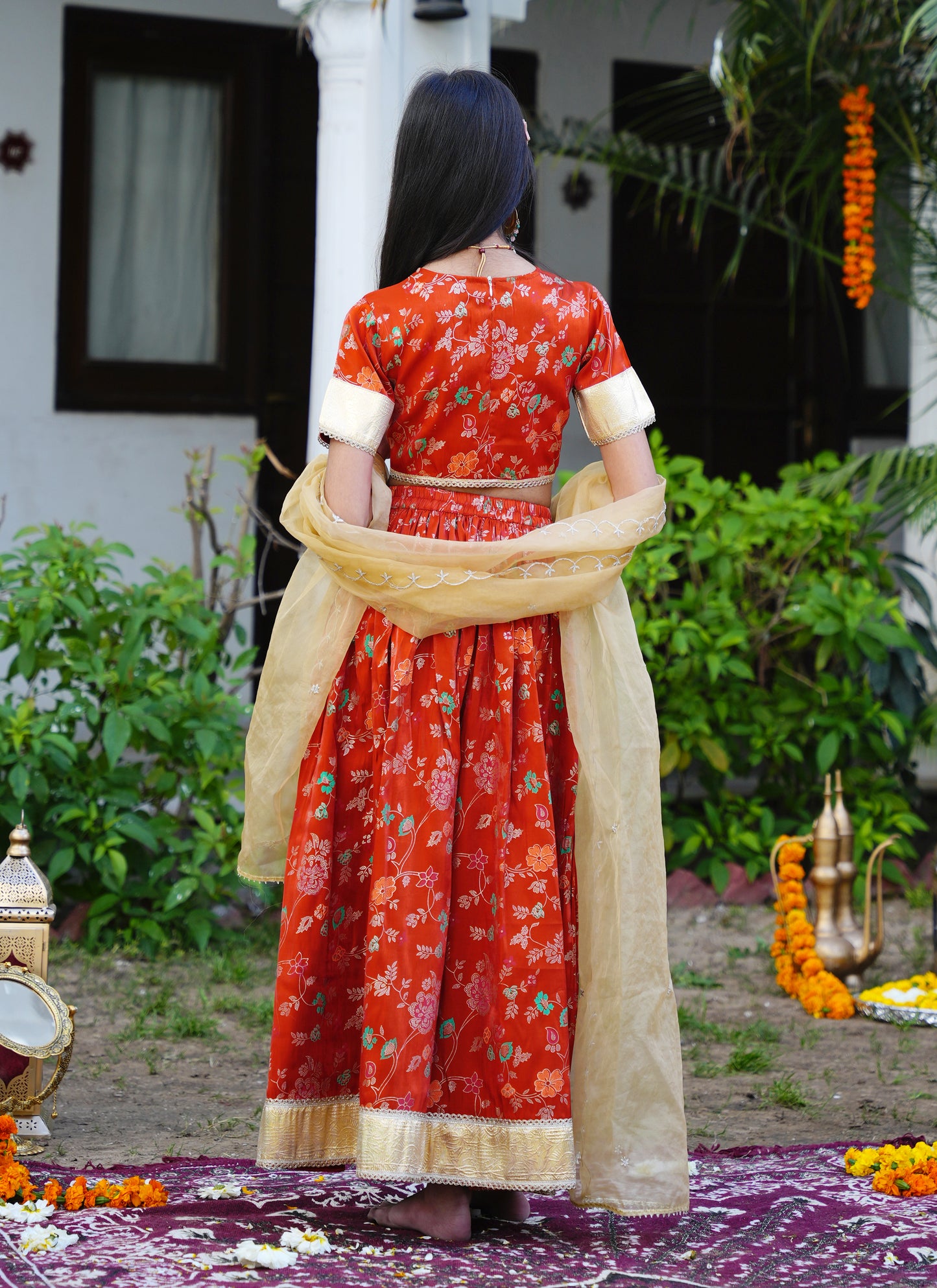 Floral Rust & Gold Ethnic Lehenga Choli Set with Dupatta
