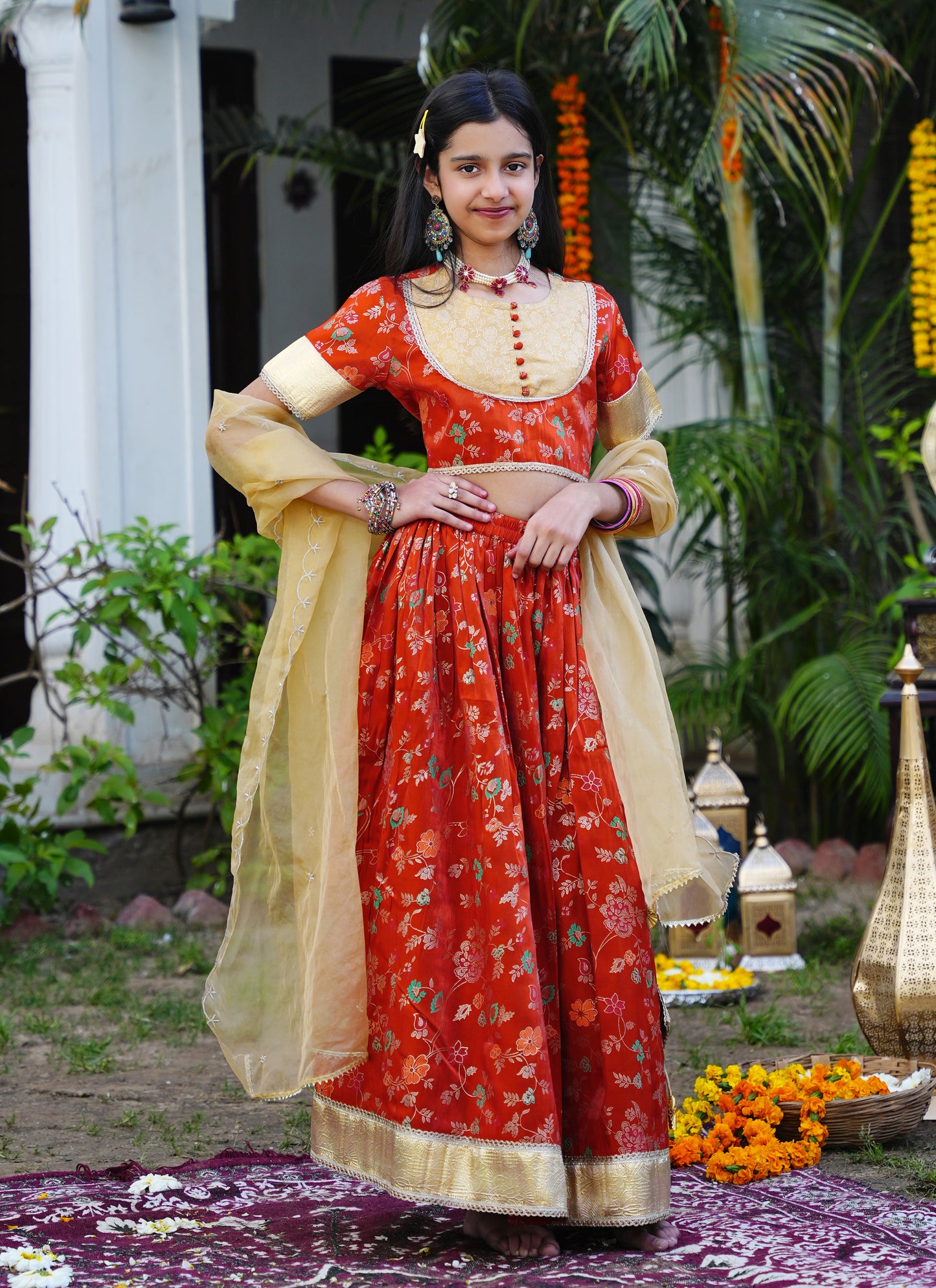 Floral Rust & Gold Ethnic Lehenga Choli Set with Dupatta