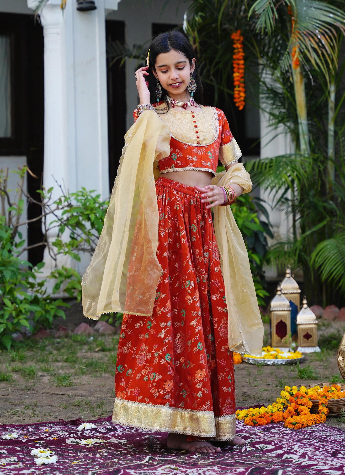 Floral Rust & Gold Ethnic Lehenga Choli Set with Dupatta
