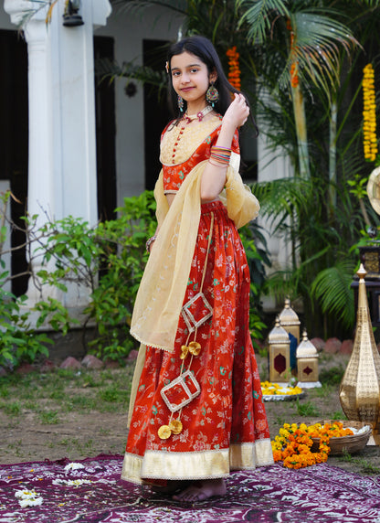 Floral Rust & Gold Ethnic Lehenga Choli Set with Dupatta