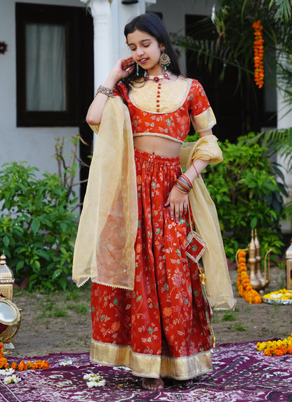 Floral Rust & Gold Ethnic Lehenga Choli Set with Dupatta