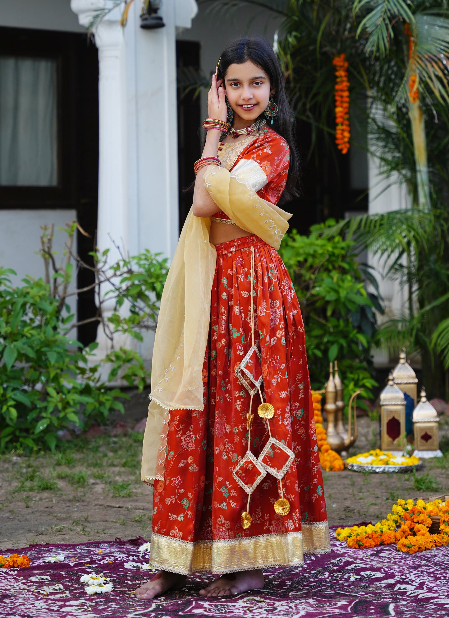 Floral Rust & Gold Ethnic Lehenga Choli Set with Dupatta