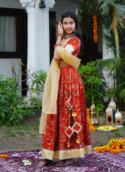 Floral Rust & Gold Ethnic Lehenga Choli Set with Dupatta