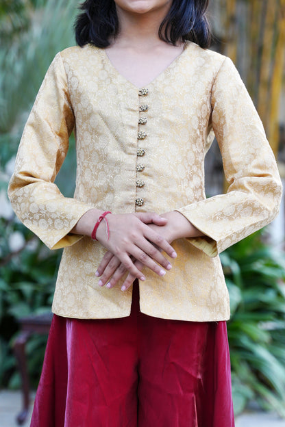 Elegant Gold Brocade Front-Slit Kurta with Flared Palazzos
