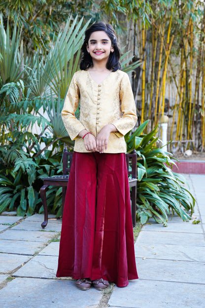 Elegant Gold Brocade Front-Slit Kurta with Flared Palazzos