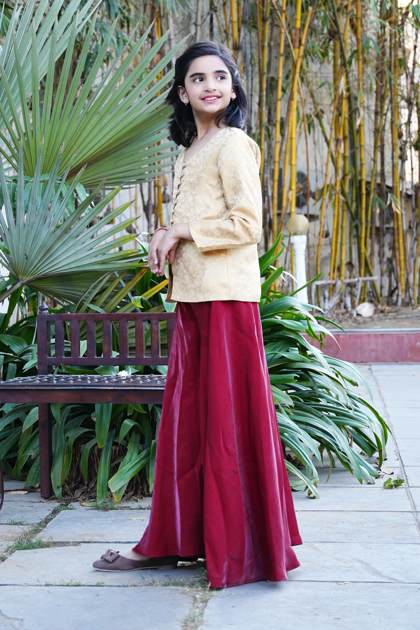 Elegant Gold Brocade Front-Slit Kurta with Flared Palazzos