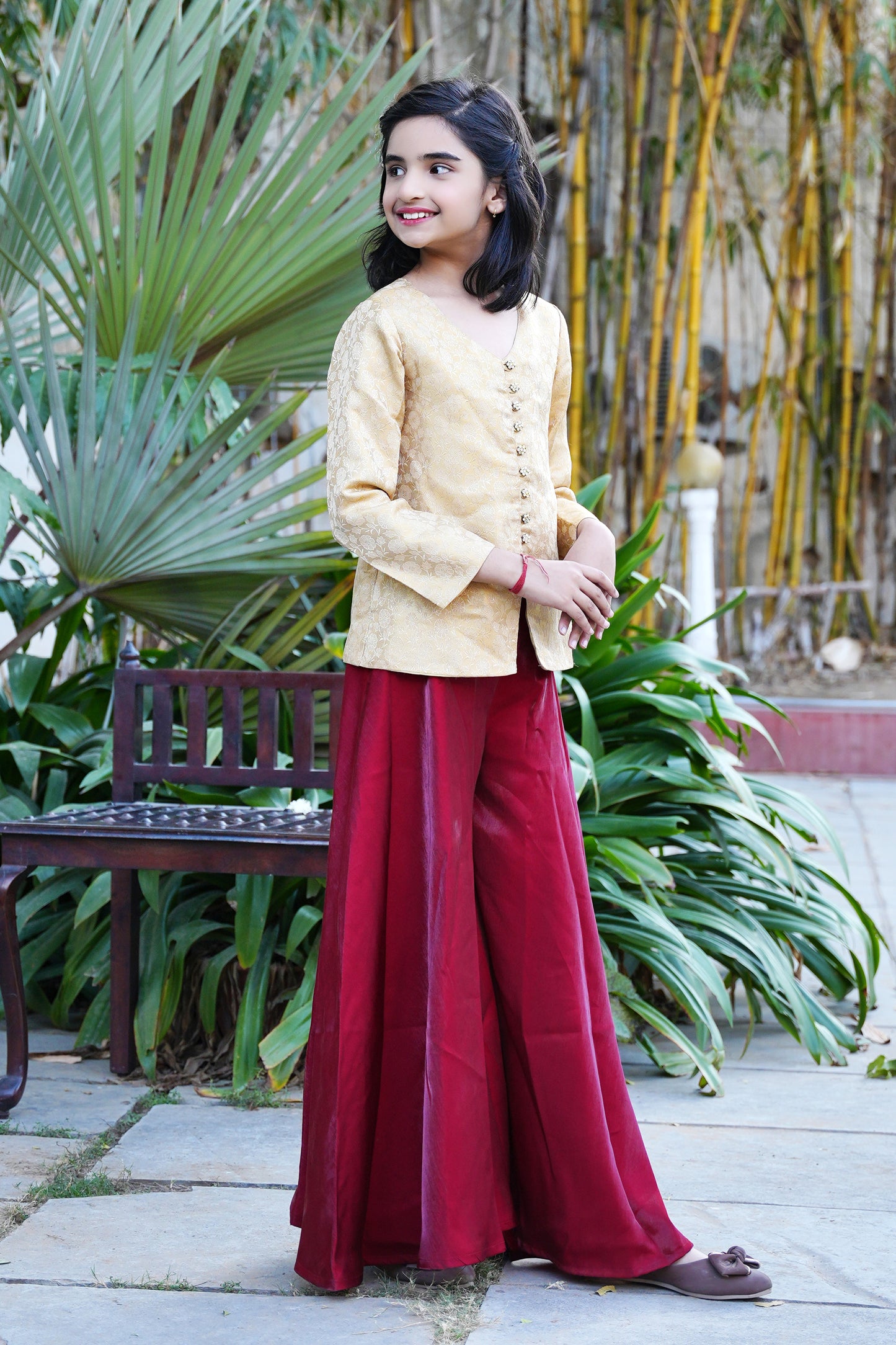 Elegant Gold Brocade Front-Slit Kurta with Flared Palazzos