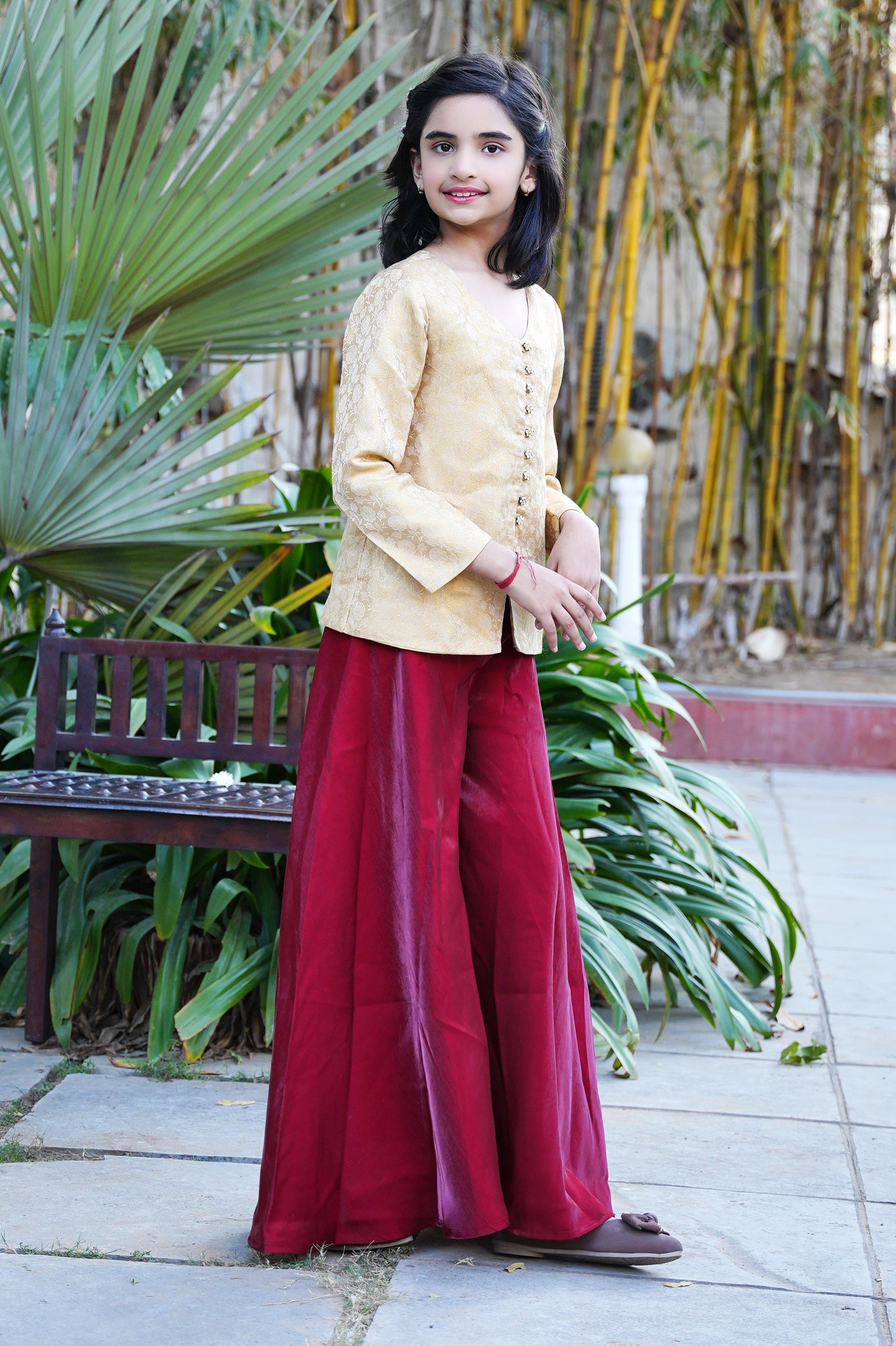 Elegant Gold Brocade Front-Slit Kurta with Flared Palazzos