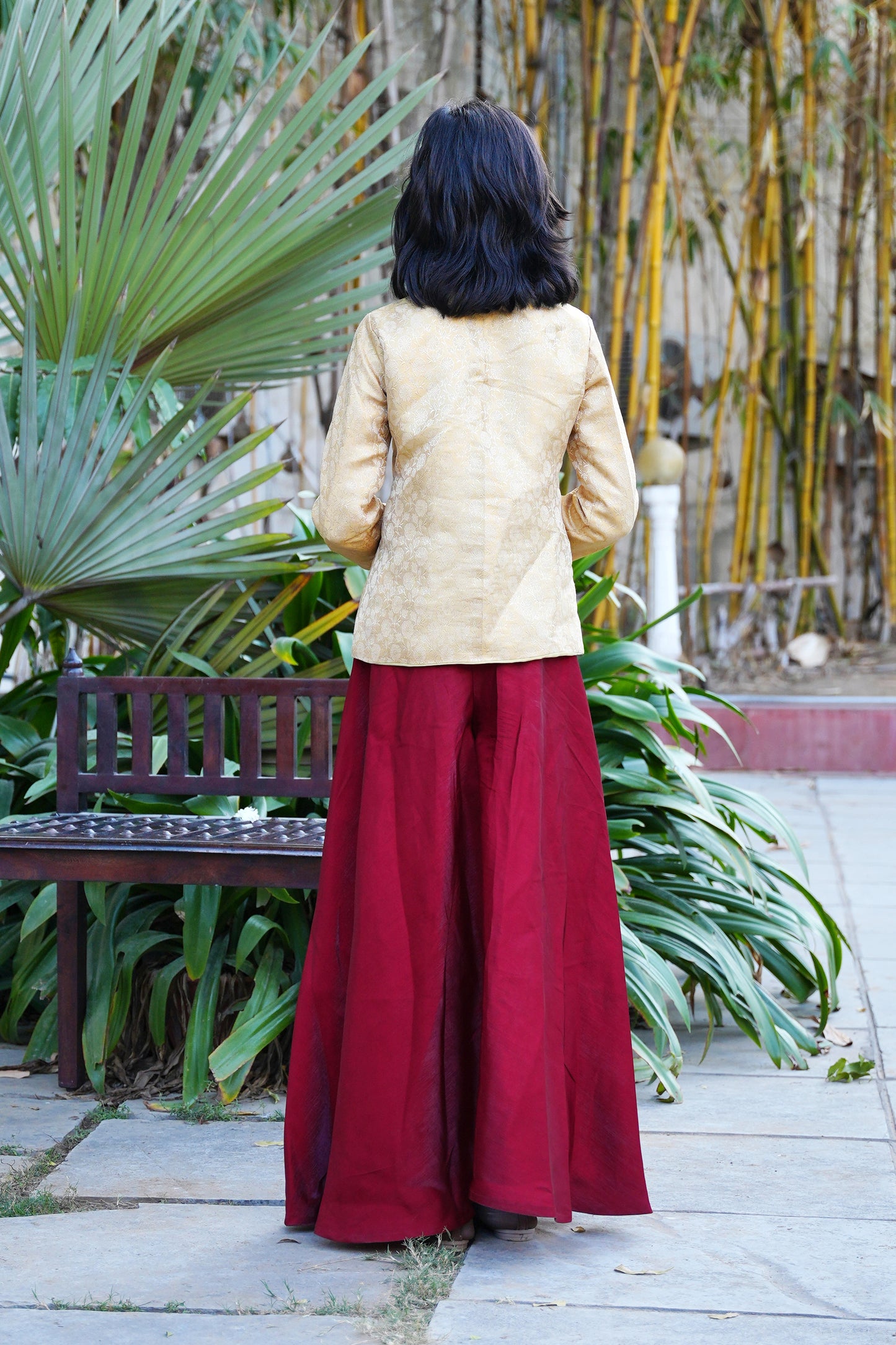 Elegant Gold Brocade Front-Slit Kurta with Flared Palazzos