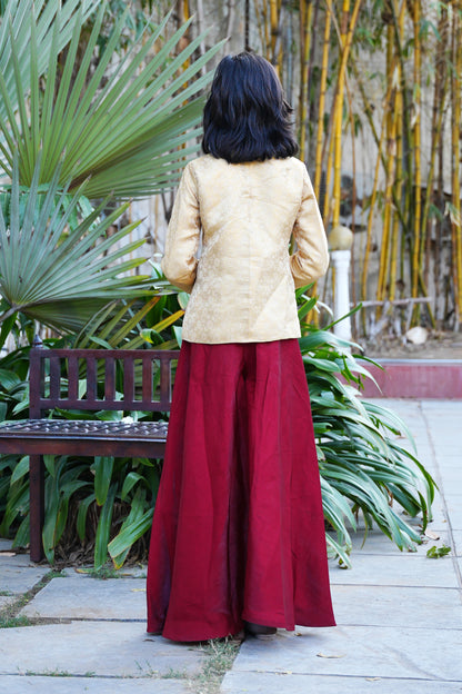 Elegant Gold Brocade Front-Slit Kurta with Flared Palazzos