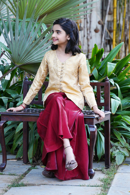 Elegant Gold Brocade Front-Slit Kurta with Flared Palazzos