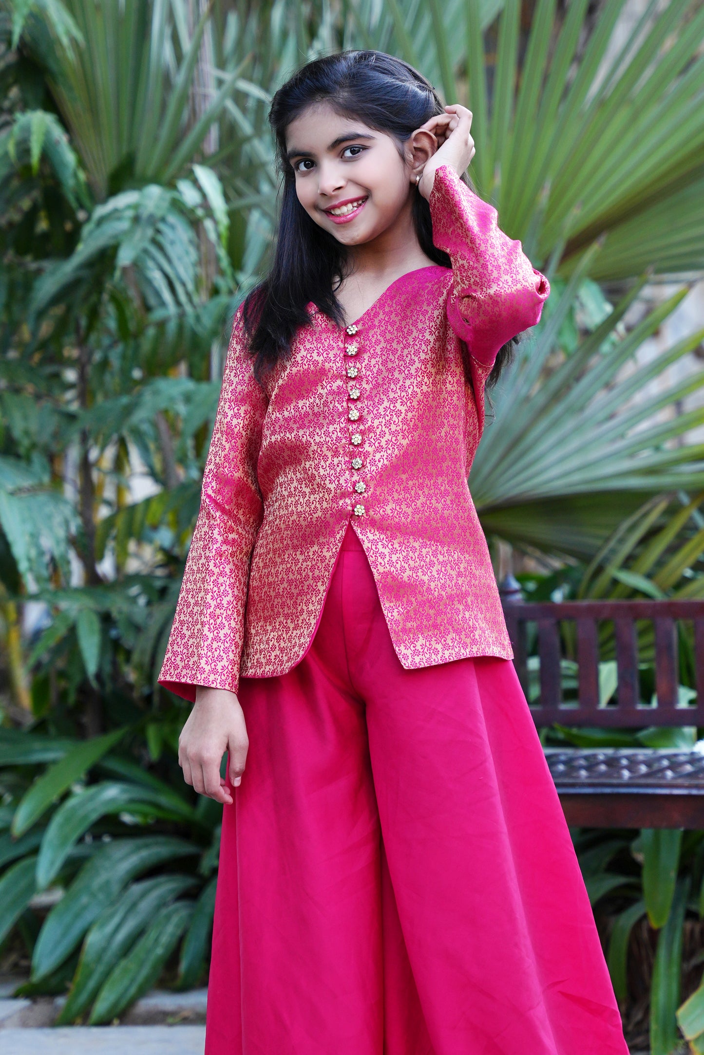 Elegant Hot Pink Brocade Front-Slit Kurta with Flared Palazzos