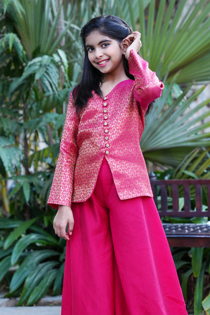 Elegant Hot Pink Brocade Front-Slit Kurta with Flared Palazzos