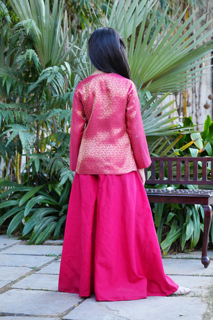 Elegant Hot Pink Brocade Front-Slit Kurta with Flared Palazzos