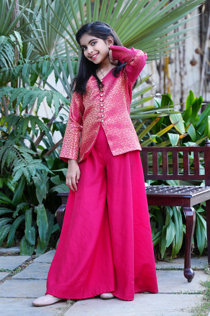 Elegant Hot Pink Brocade Front-Slit Kurta with Flared Palazzos