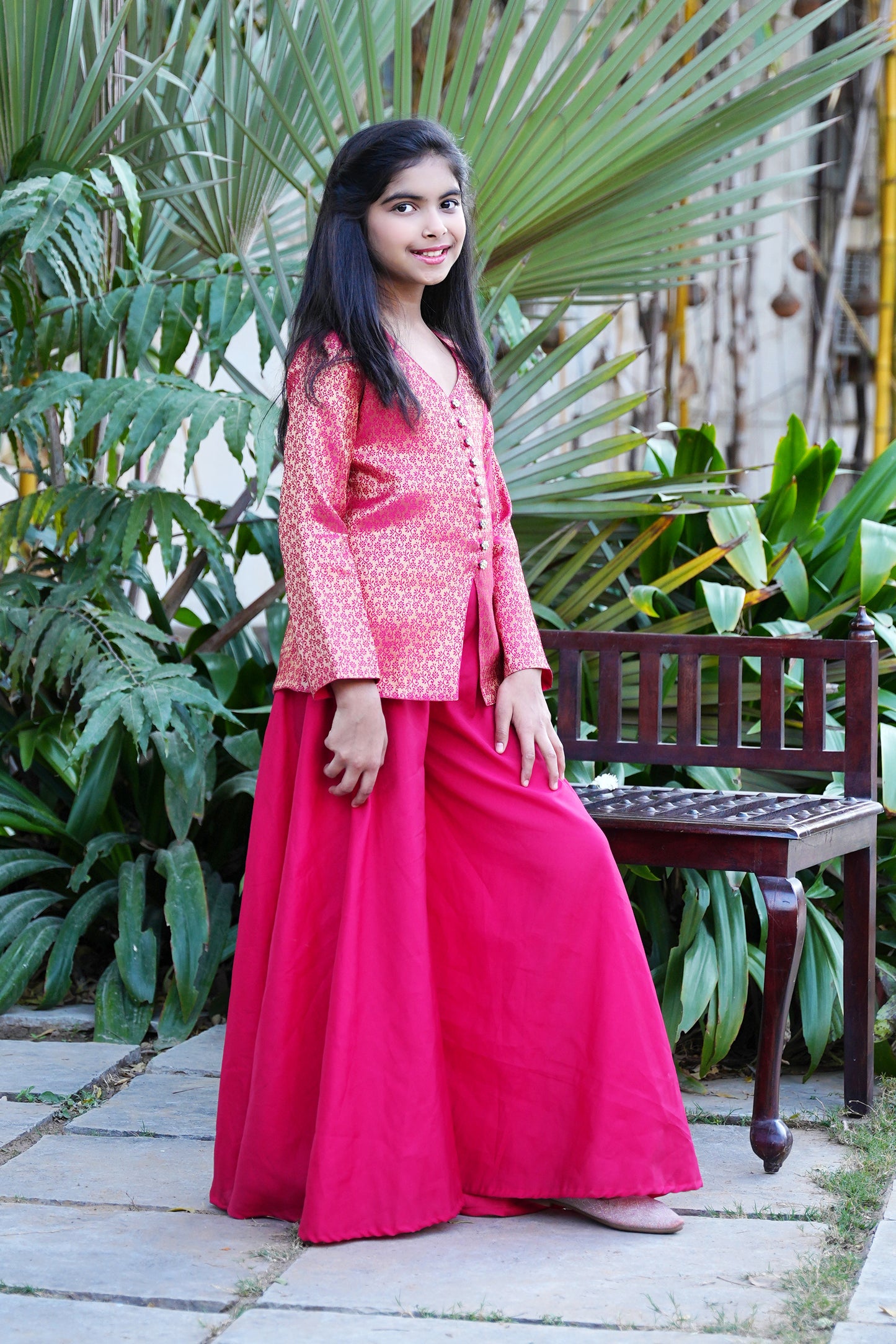 Elegant Hot Pink Brocade Front-Slit Kurta with Flared Palazzos