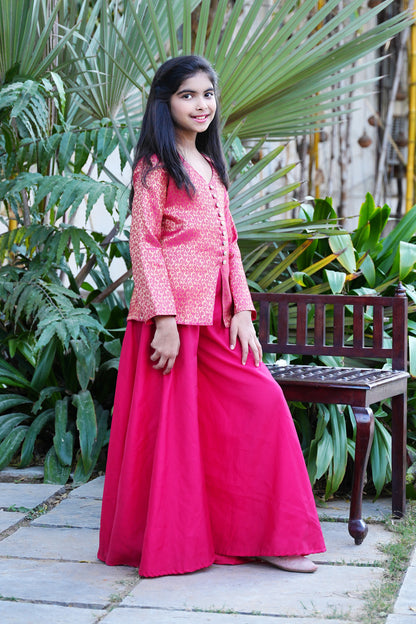 Elegant Hot Pink Brocade Front-Slit Kurta with Flared Palazzos