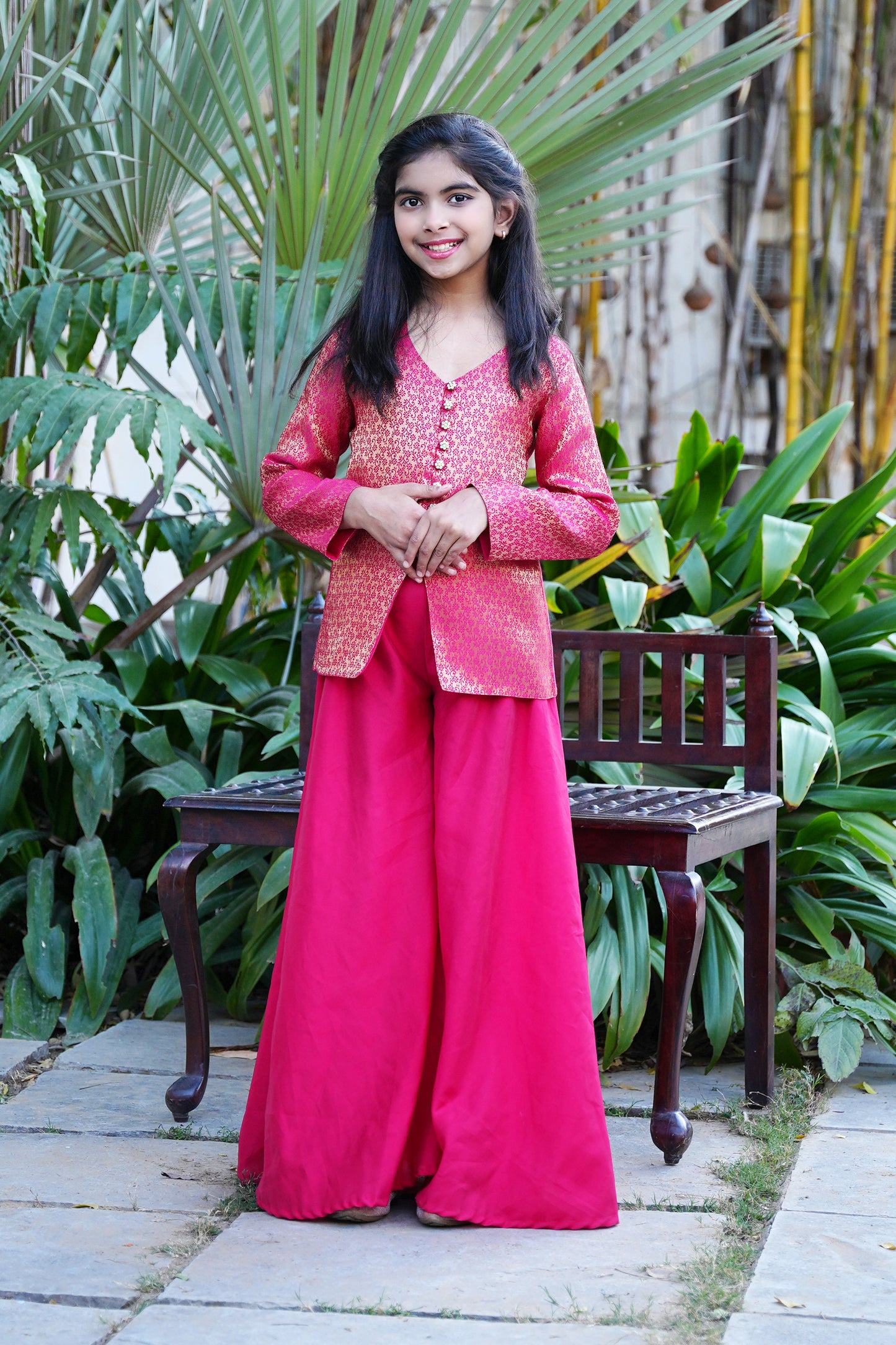 Elegant Hot Pink Brocade Front-Slit Kurta with Flared Palazzos