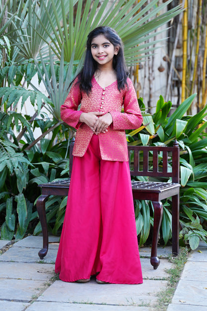 Elegant Hot Pink Brocade Front-Slit Kurta with Flared Palazzos