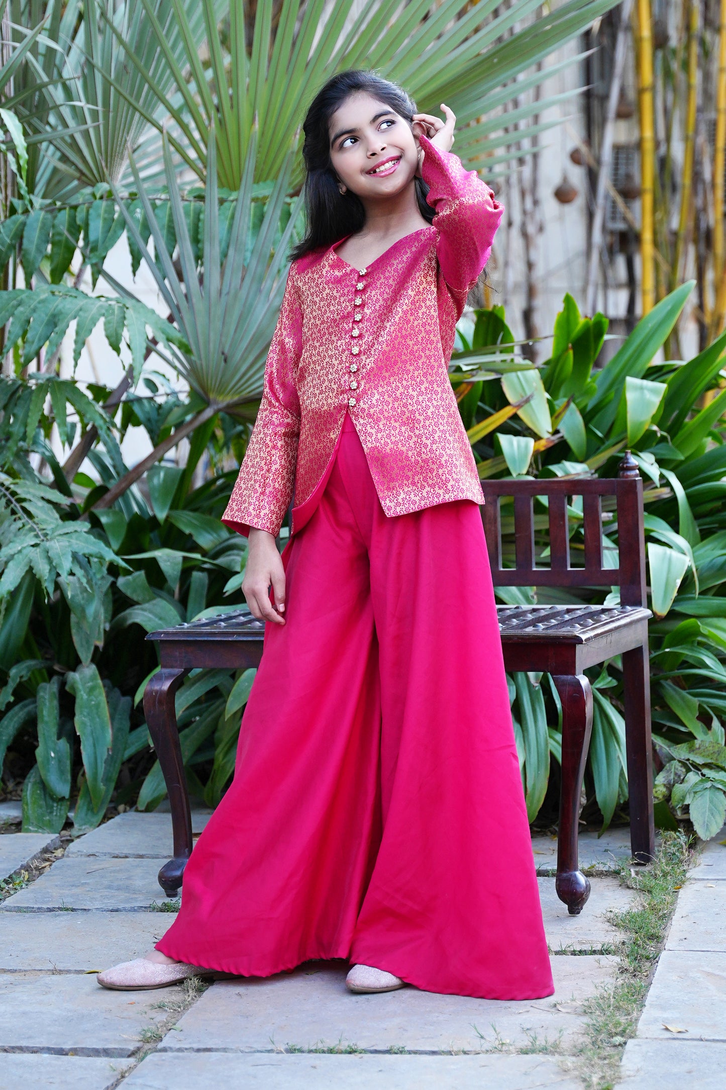 Elegant Hot Pink Brocade Front-Slit Kurta with Flared Palazzos