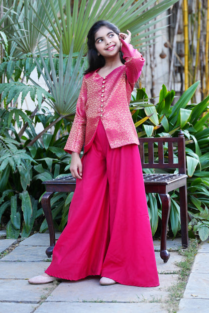 Elegant Hot Pink Brocade Front-Slit Kurta with Flared Palazzos