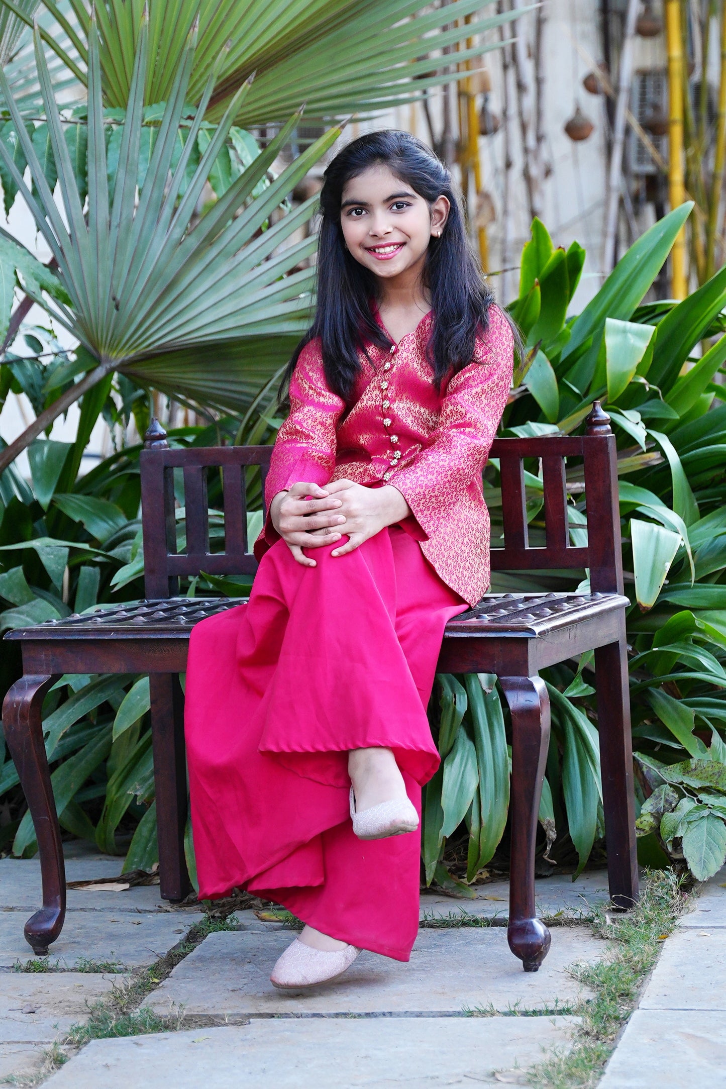 Elegant Hot Pink Brocade Front-Slit Kurta with Flared Palazzos