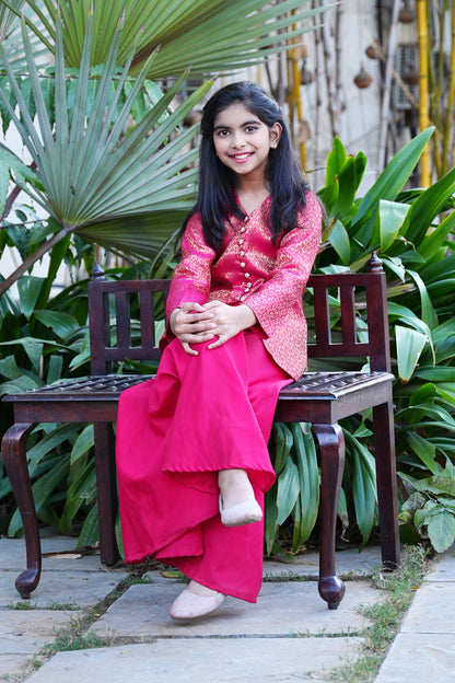 Elegant Hot Pink Brocade Front-Slit Kurta with Flared Palazzos