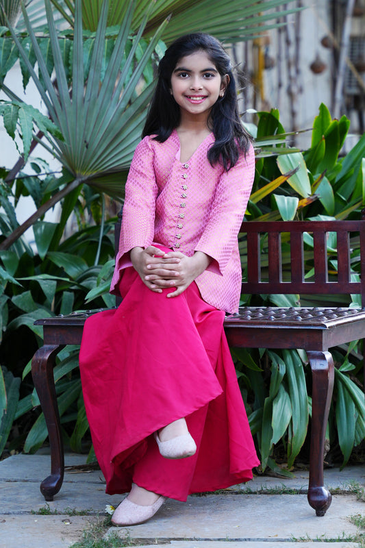 Elegant Pink Brocade Front-Slit Kurta with Flared Palazzos