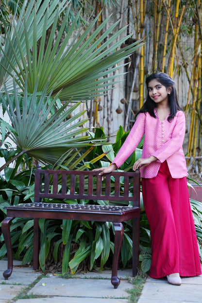 Elegant Pink Brocade Front-Slit Kurta with Flared Palazzos