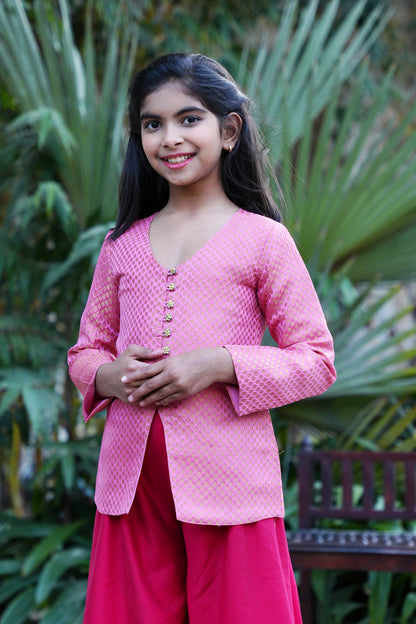 Elegant Pink Brocade Front-Slit Kurta with Flared Palazzos