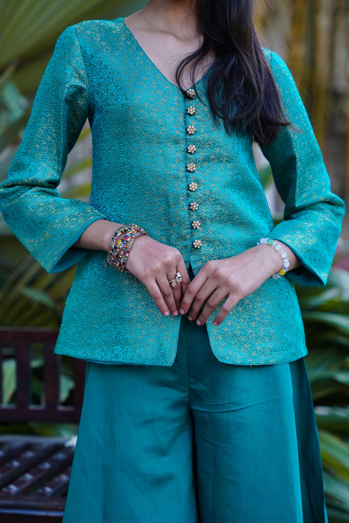 Elegant Teal Brocade Front-Slit Kurta with Flared Palazzos
