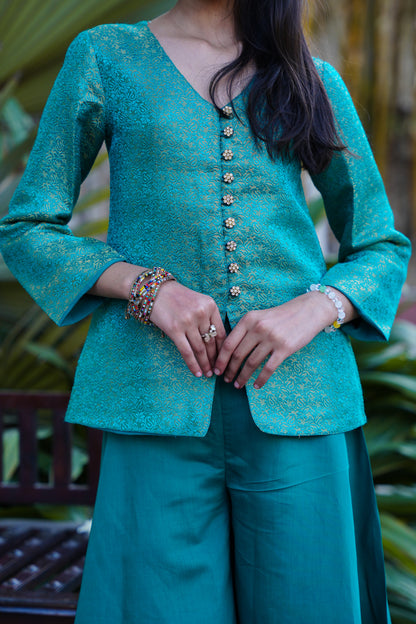 Elegant Teal Brocade Front-Slit Kurta with Flared Palazzos
