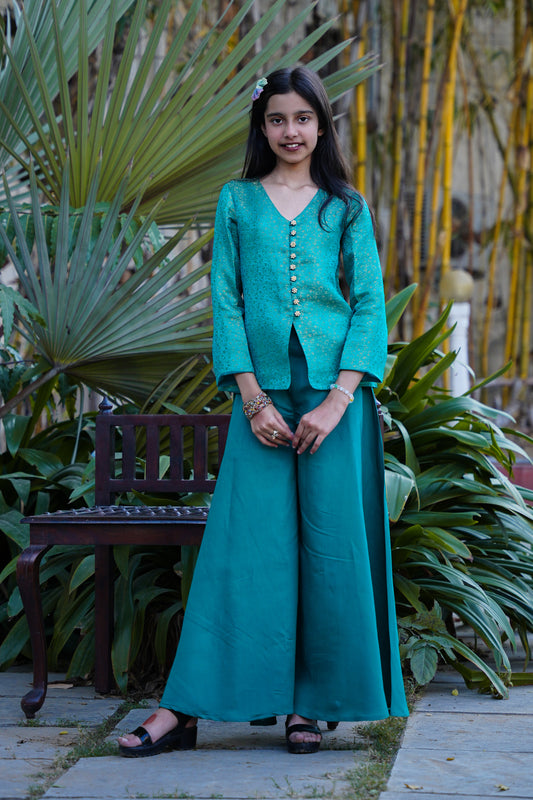 Elegant Teal Brocade Front-Slit Kurta with Flared Palazzos