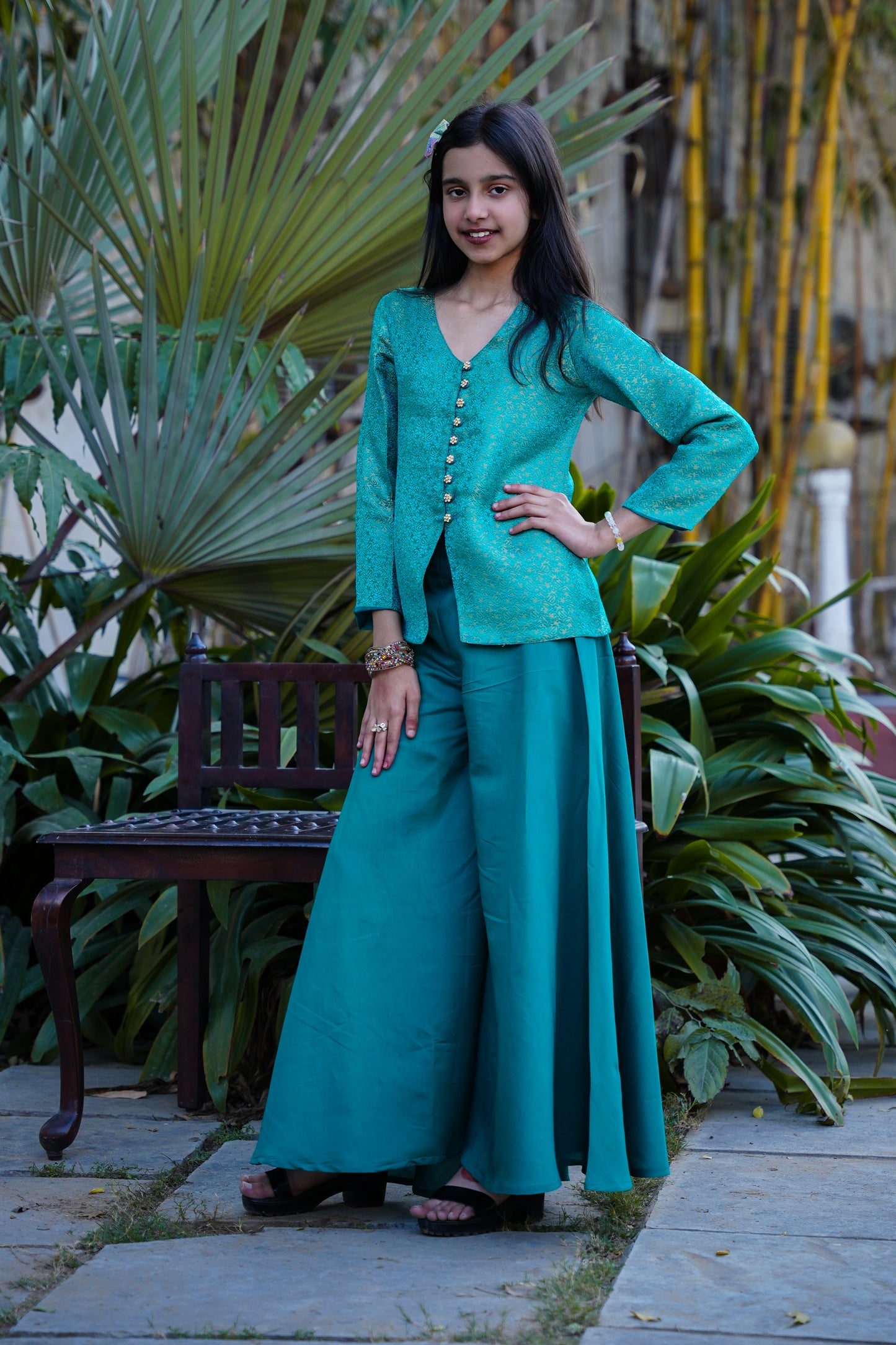 Elegant Teal Brocade Front-Slit Kurta with Flared Palazzos