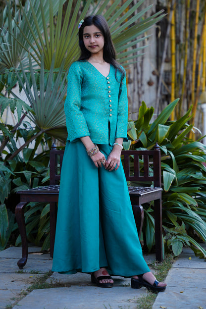 Elegant Teal Brocade Front-Slit Kurta with Flared Palazzos