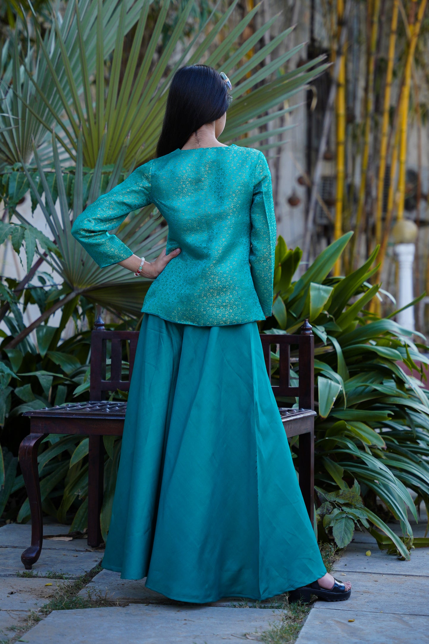 Elegant Teal Brocade Front-Slit Kurta with Flared Palazzos