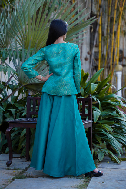 Elegant Teal Brocade Front-Slit Kurta with Flared Palazzos