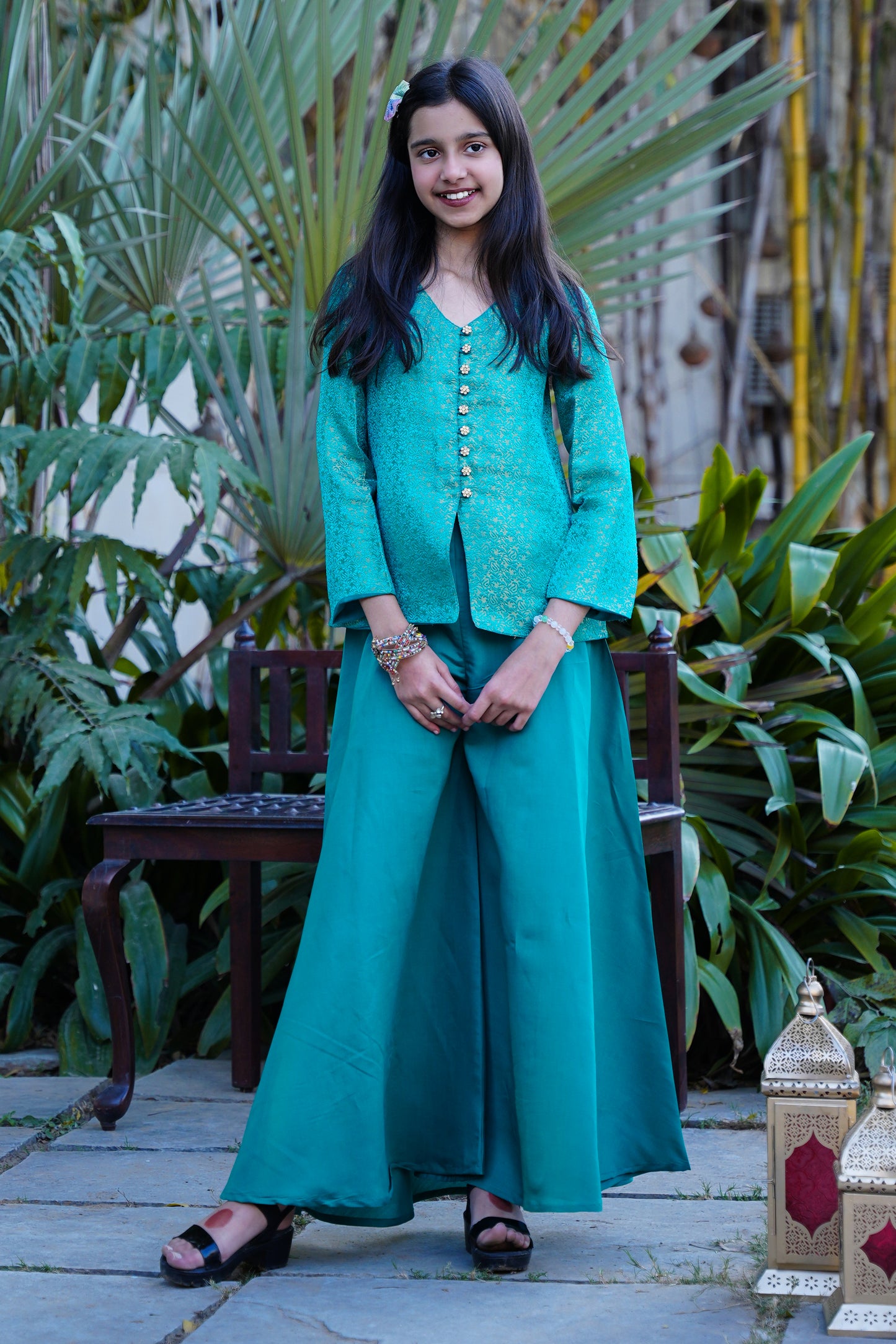 Elegant Teal Brocade Front-Slit Kurta with Flared Palazzos
