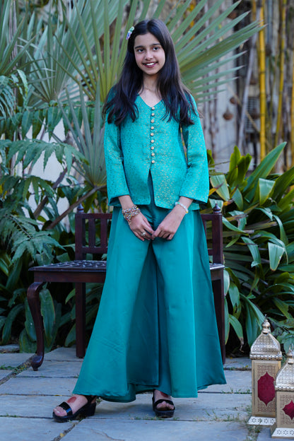 Elegant Teal Brocade Front-Slit Kurta with Flared Palazzos