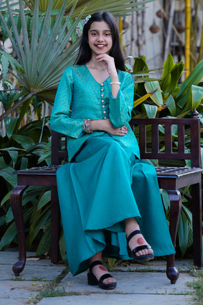 Elegant Teal Brocade Front-Slit Kurta with Flared Palazzos