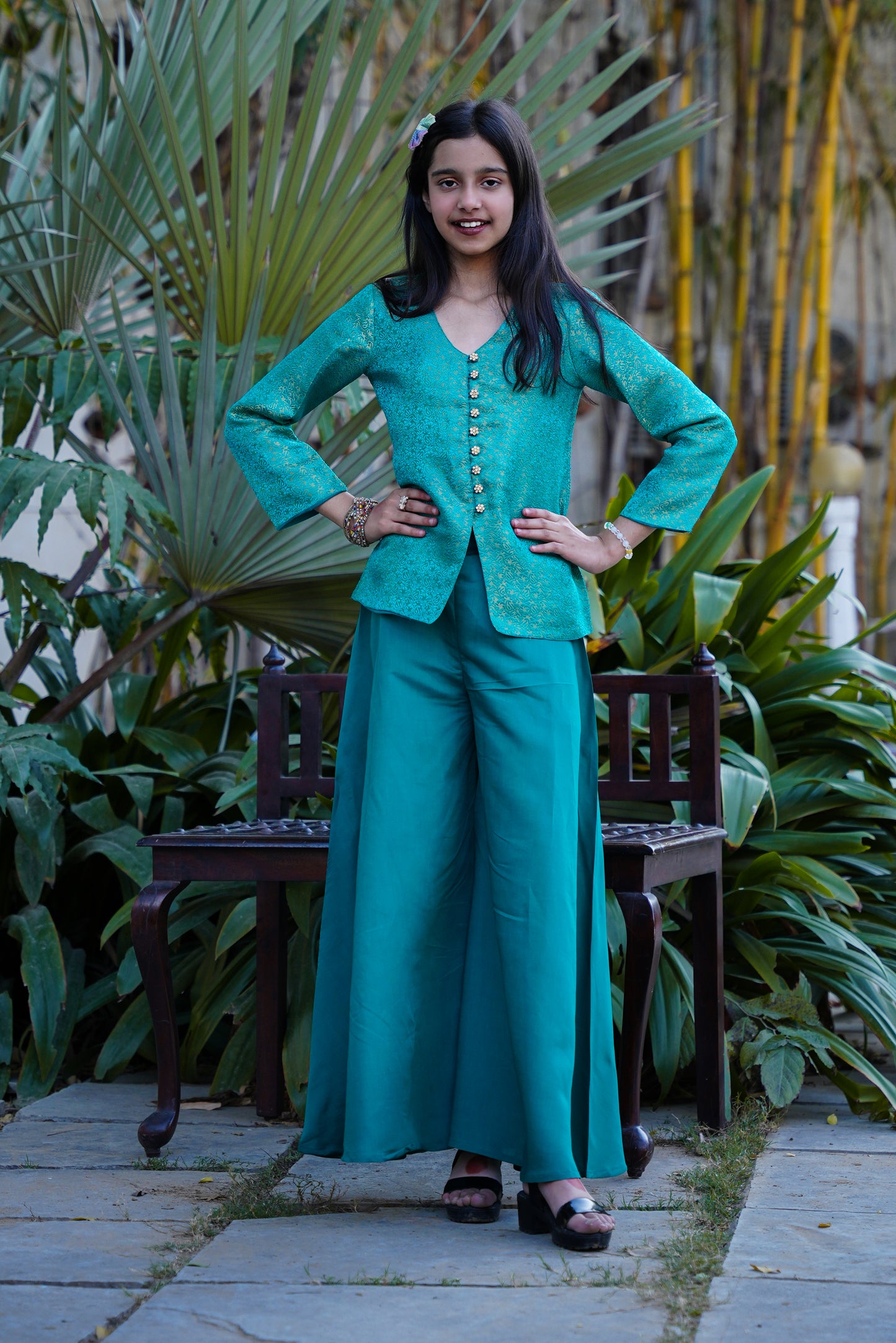Elegant Teal Brocade Front-Slit Kurta with Flared Palazzos