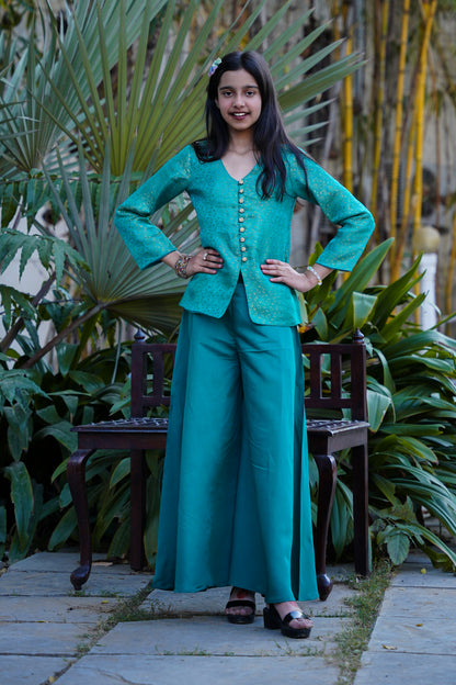 Elegant Teal Brocade Front-Slit Kurta with Flared Palazzos